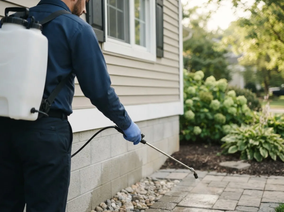 Pest control technician inspecting a home in Flemington, MO